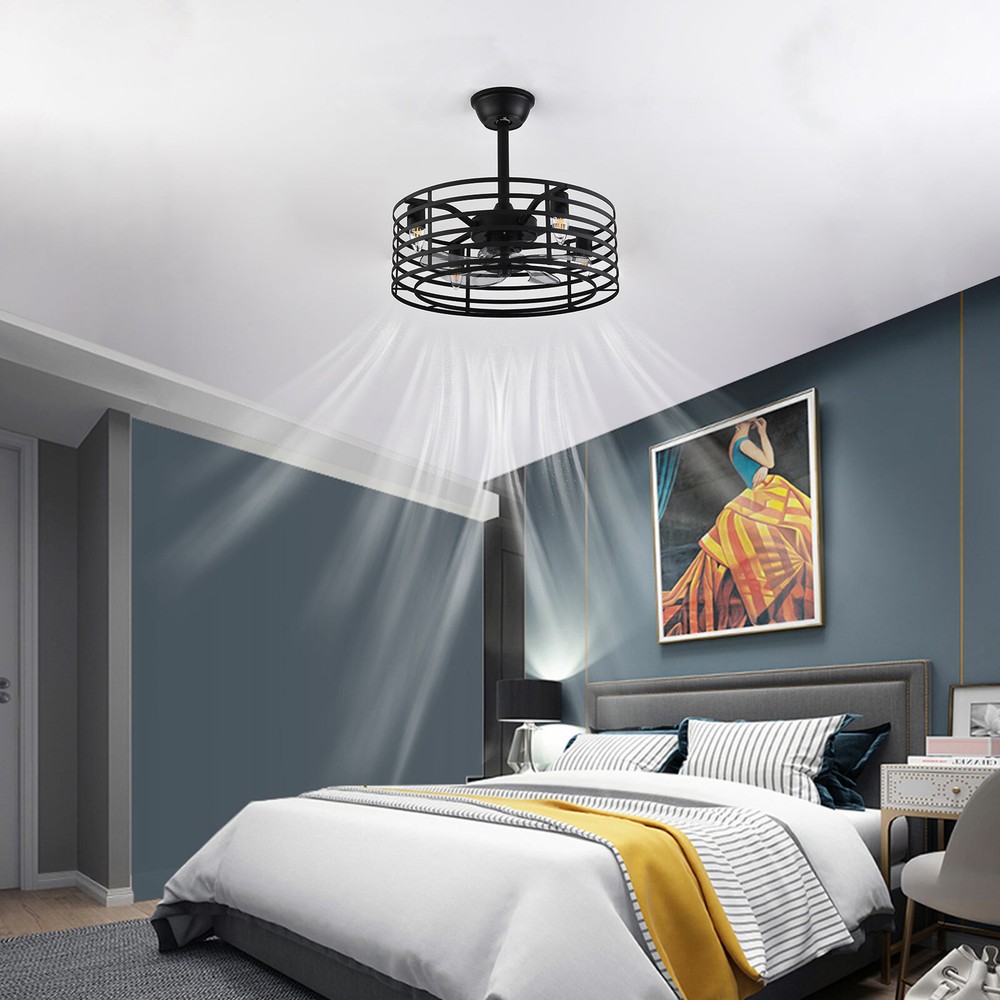 20" Rustic Caged Bladeless Ceiling Fan with Light Remote Control Flush Mount Fan