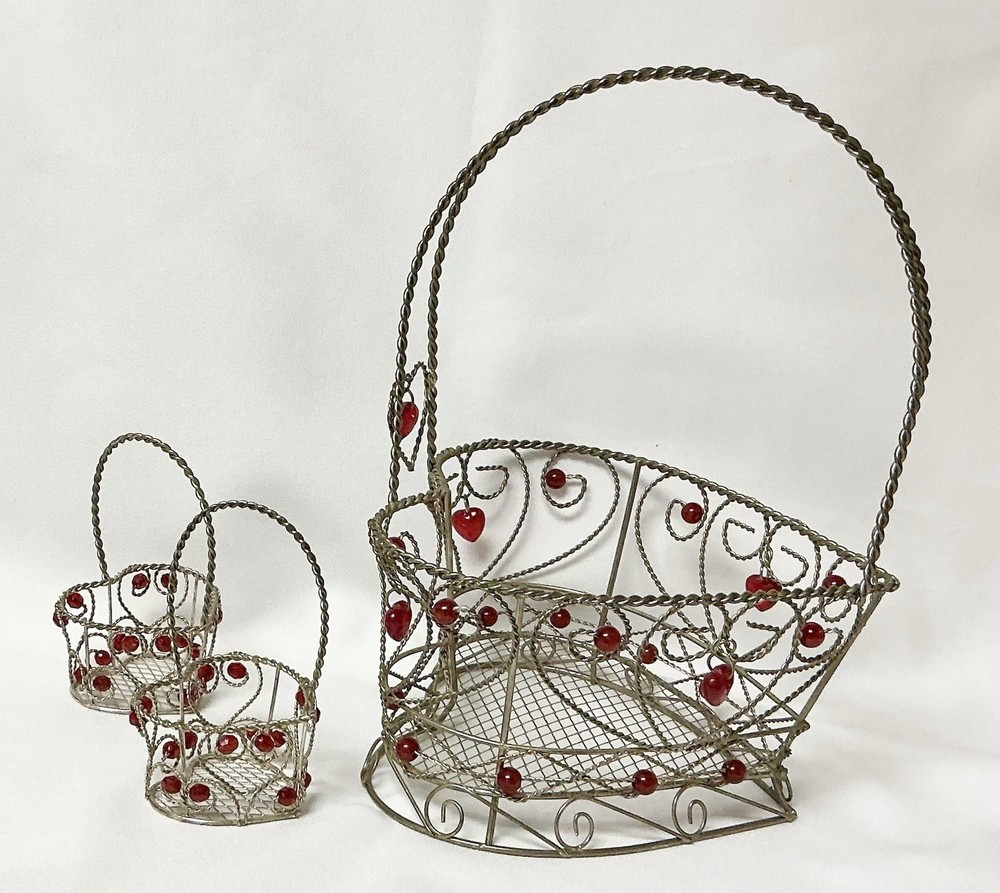 3 Heart Shaped Wire Baskets With Red Beads