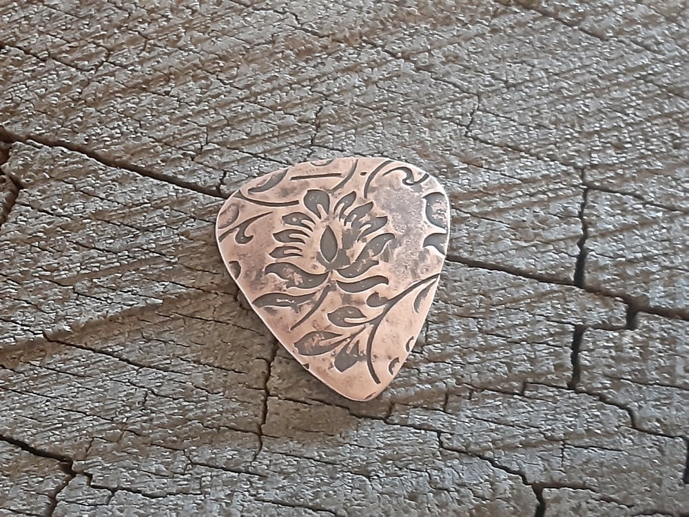 rustic copper guitar pick - playable and handmade - large floral pattern