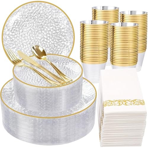 350 Pcs Plastic Plates, Hammered Disposable Dinnerware, Clear-Gold Clear Gold