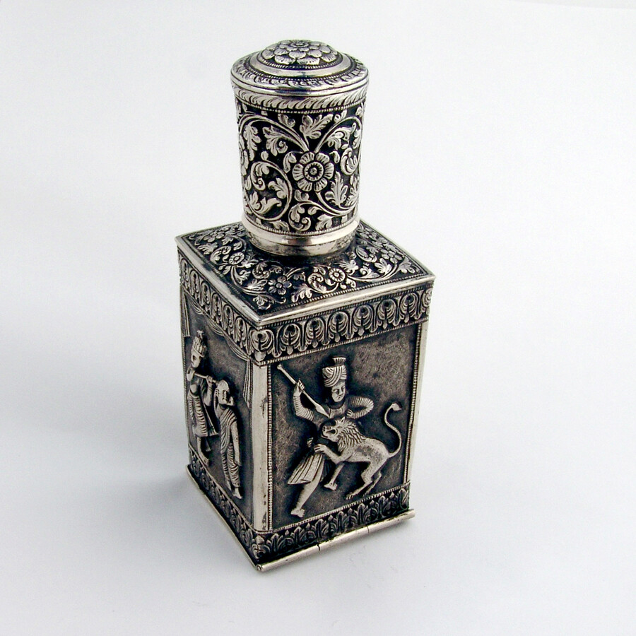 Ornate Figural Tea Caddy Indian Colonial Silver