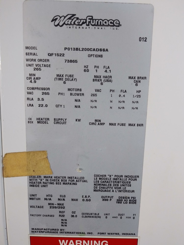 Furnace Water Heater Unit Voltage 265 Volt 60 Hz 1 Phase FLA 4.1