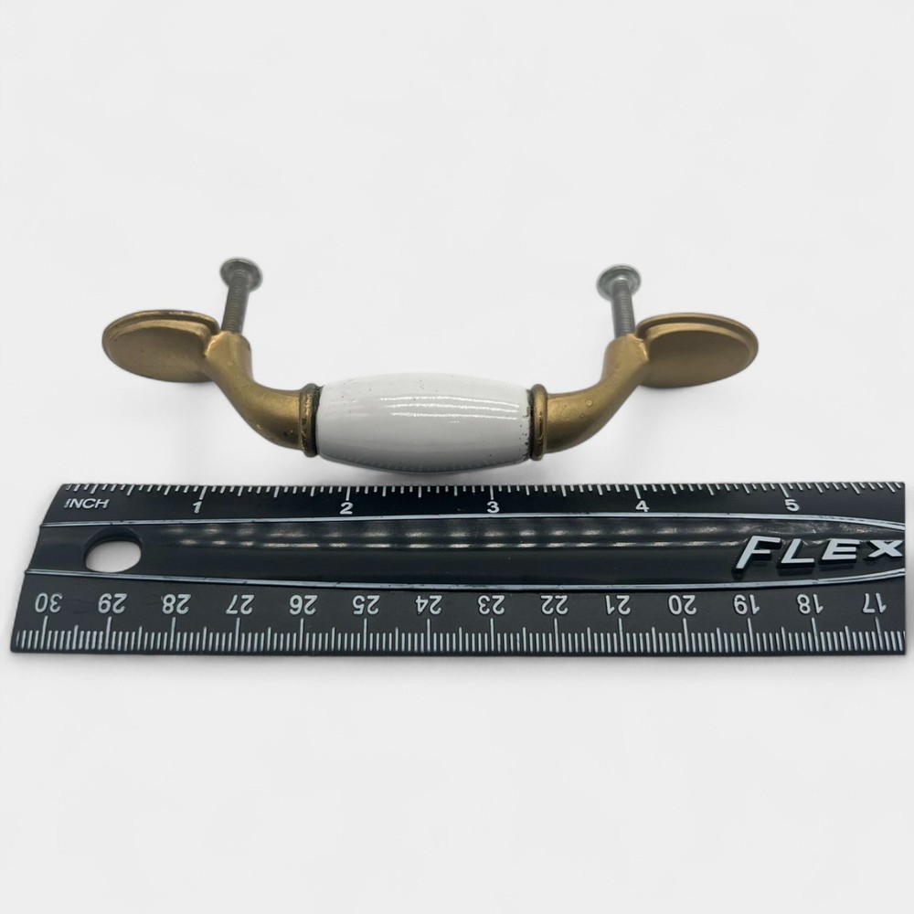 19 Vintage Brass plated & White Ceramic Drawer Pulls + 3 Matching Knobs