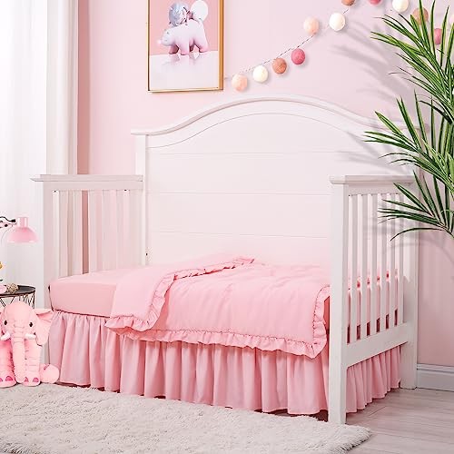 3 Pieces Crib Bedding Set for Girls- Solid Ruffle Quilted Includes Pink
