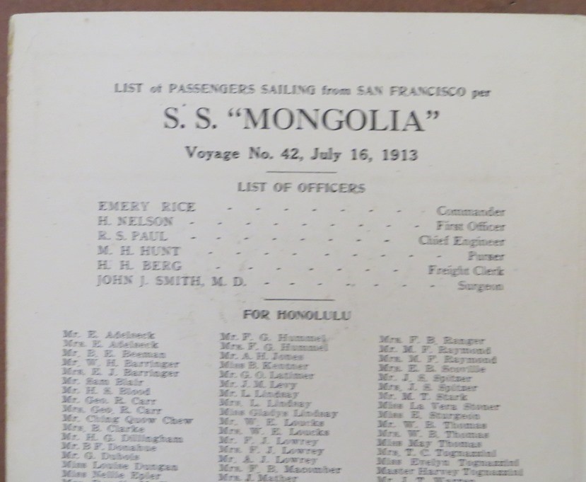 MONGOLIA (Pacific Mail) 1913 Passenger List