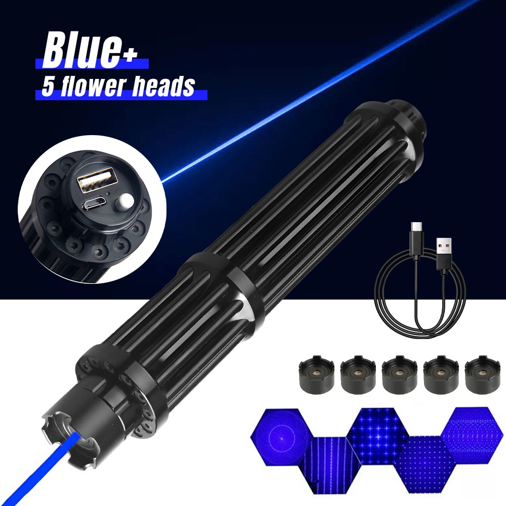 Adjustable High Power Blue Burning Laser Pointer Visible Dot Torch Light 5-head