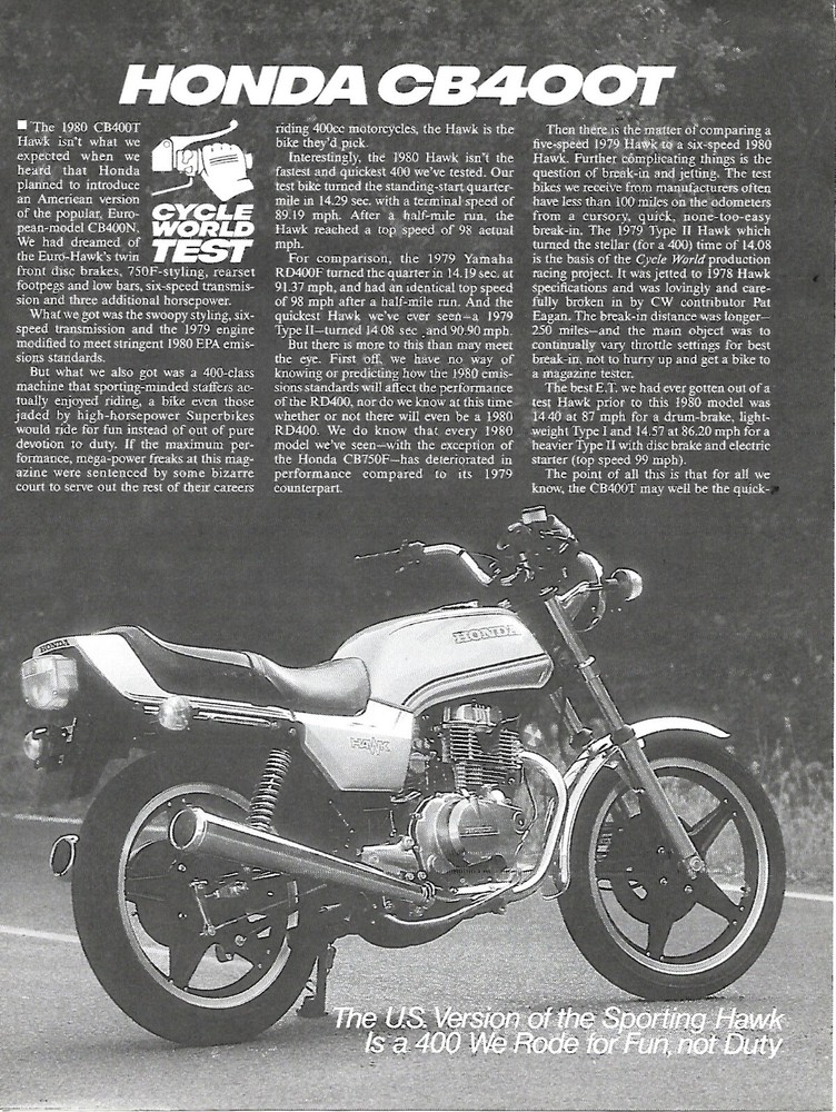Motorcycle Evaluation Article - Honda - CB400T Hawk - 1980 (DC934)