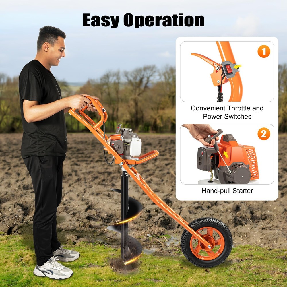 63CC 2-Stroke Post Hole Digger Gas Powered Hand Pull Starter Single Blade Bit