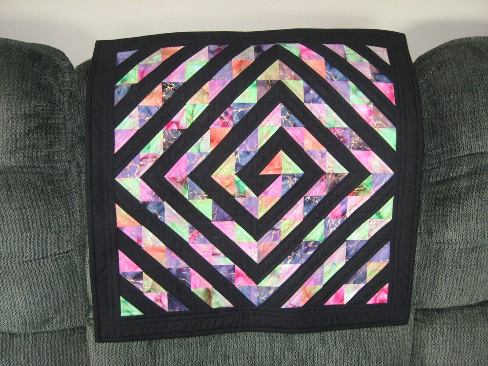 Handmade Quilted Table Topper Hand Dyed Fabric with Solid Black Spiral