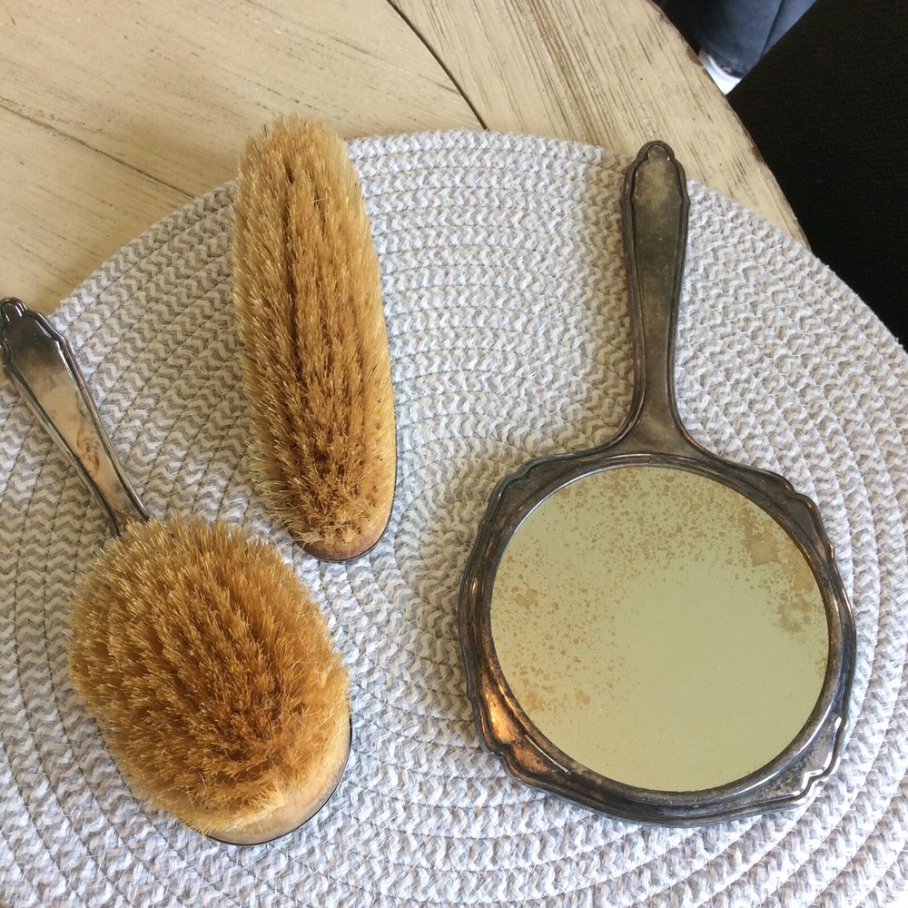 Hans Jensen Silver plated hand mirror and brush set
