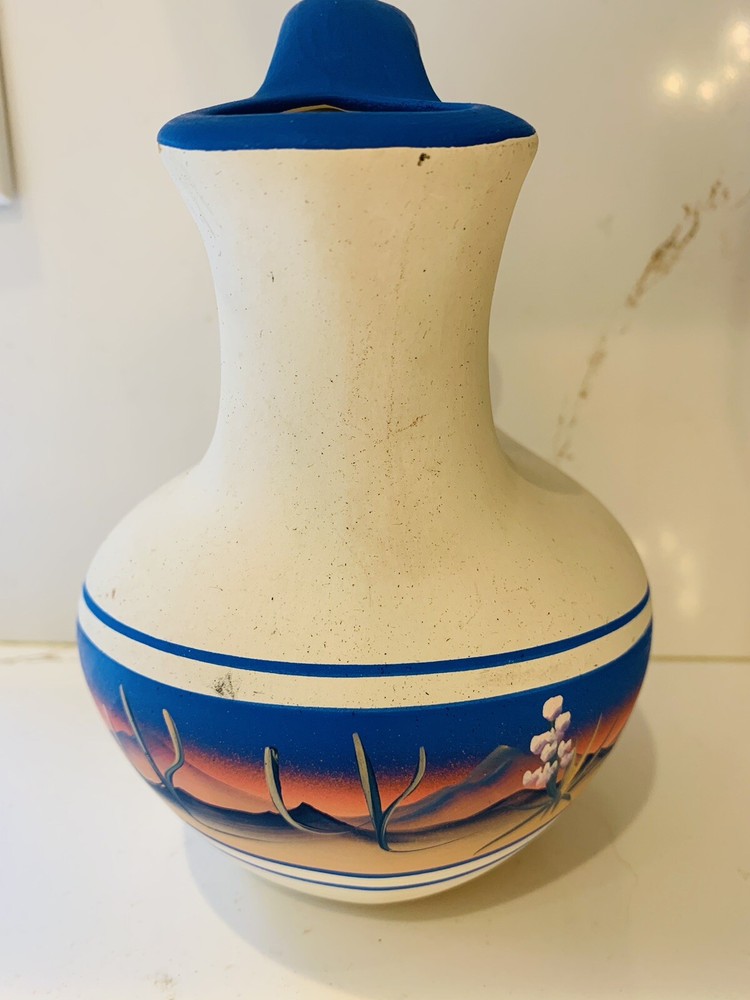 Vase Mid Western Scene Bright Colored Vase Signed 63 Unknown