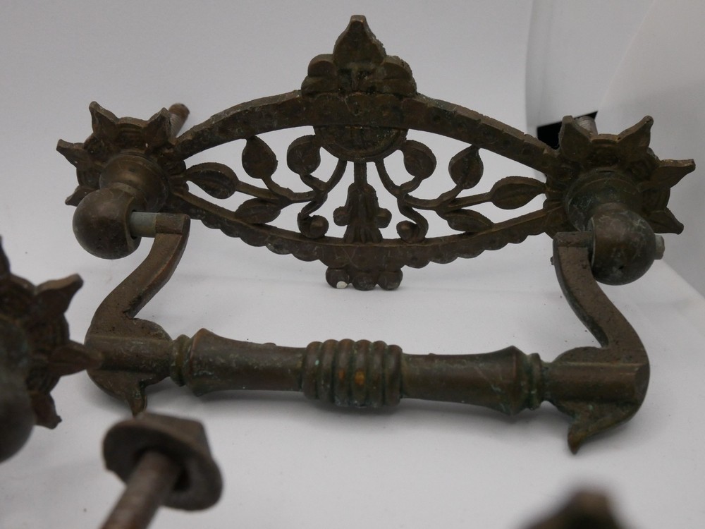 3 Antique Victorian Era Ornate Decorative Cast Brass Drawer Pull