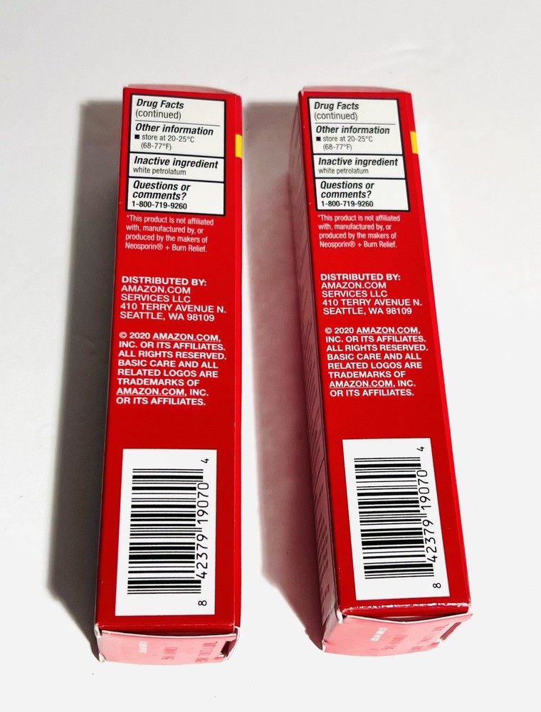 2 Pack Amazon Basic Care First Aid Antibiotic Ointment + Burn Relief 1 oz Each