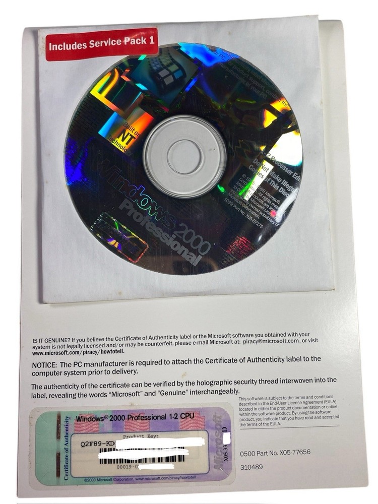 Microsoft Windows 2000 Professional OEM 1-2 CPU SP1 w/ COA CD & Manuals Complete