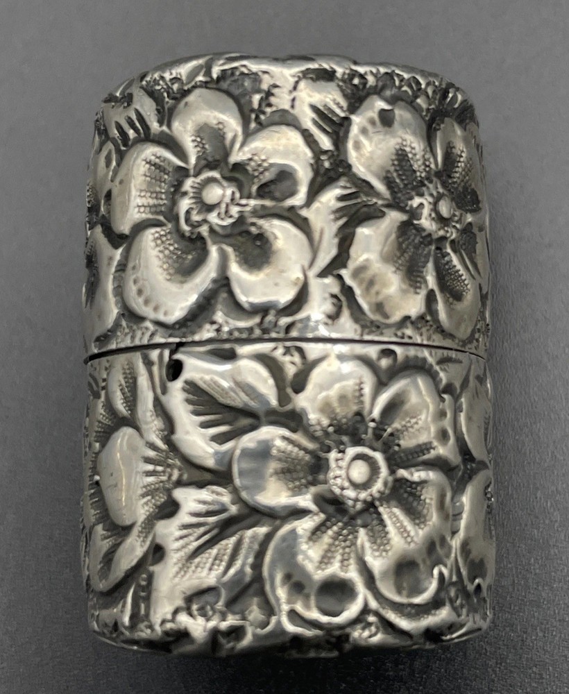 Sterling Silver Floral Repousse Thread Box / Holder 19th Century