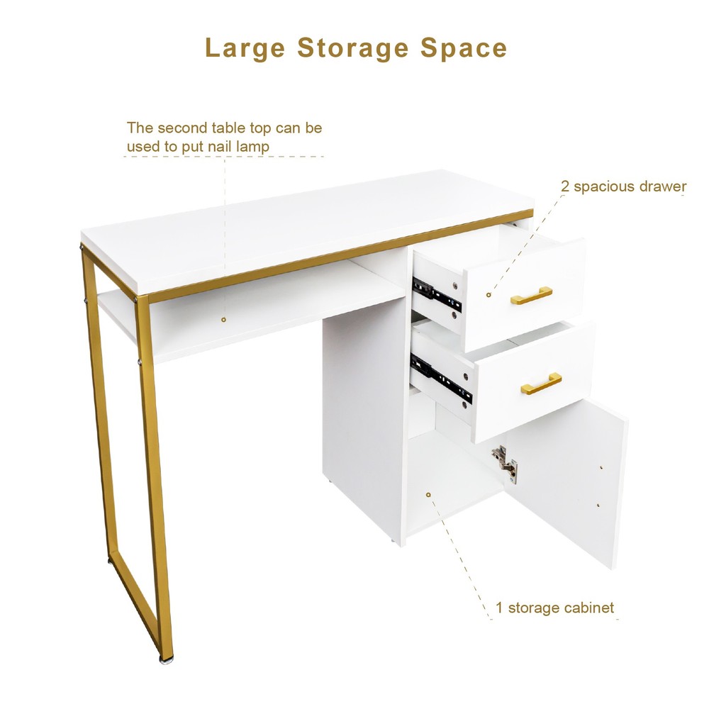 Modern Computer Desk With 2 Drawers And Cabinet White Vanity Study Writing Table