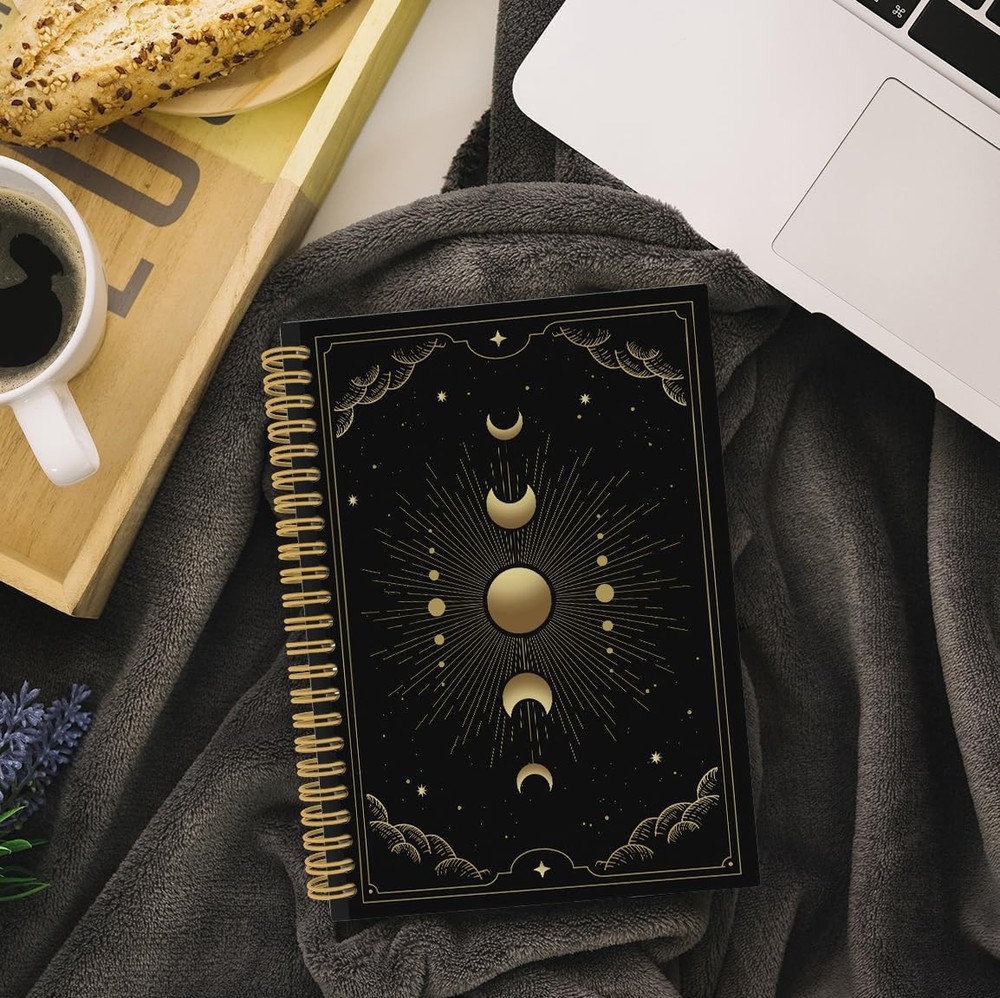 Witchy Gothic Spiral Notebook, Astrology Journal, Celestial Sun and Moon Phas...