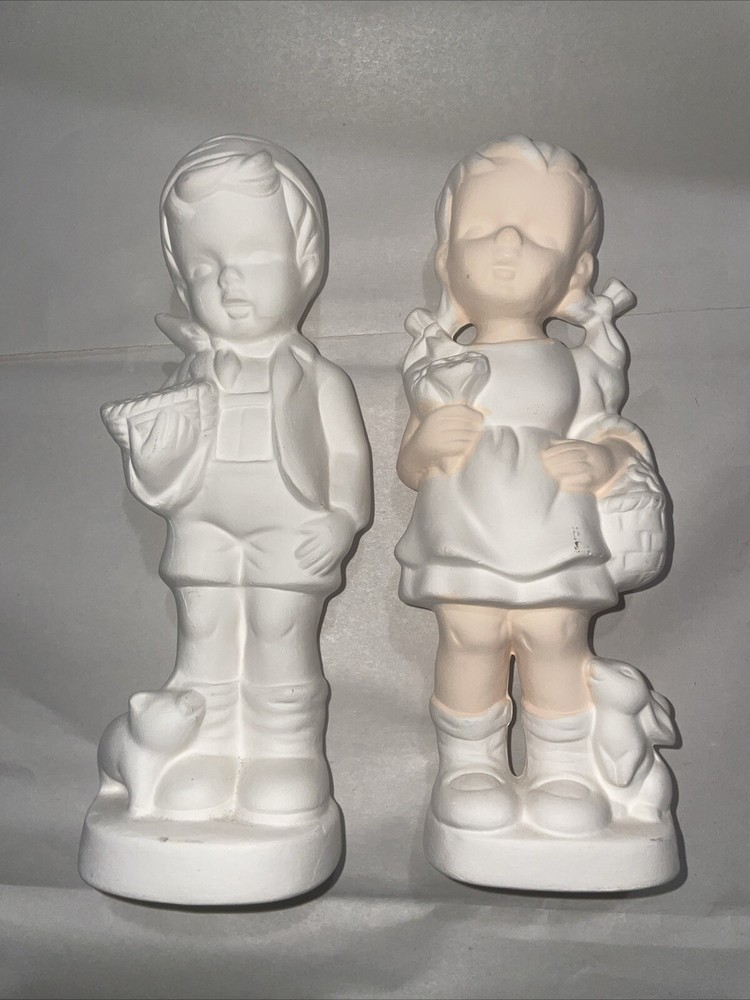 2 Vintage Boy & Girl w/Pig & Rabbit, Ceramic Bisque Number On Bottom