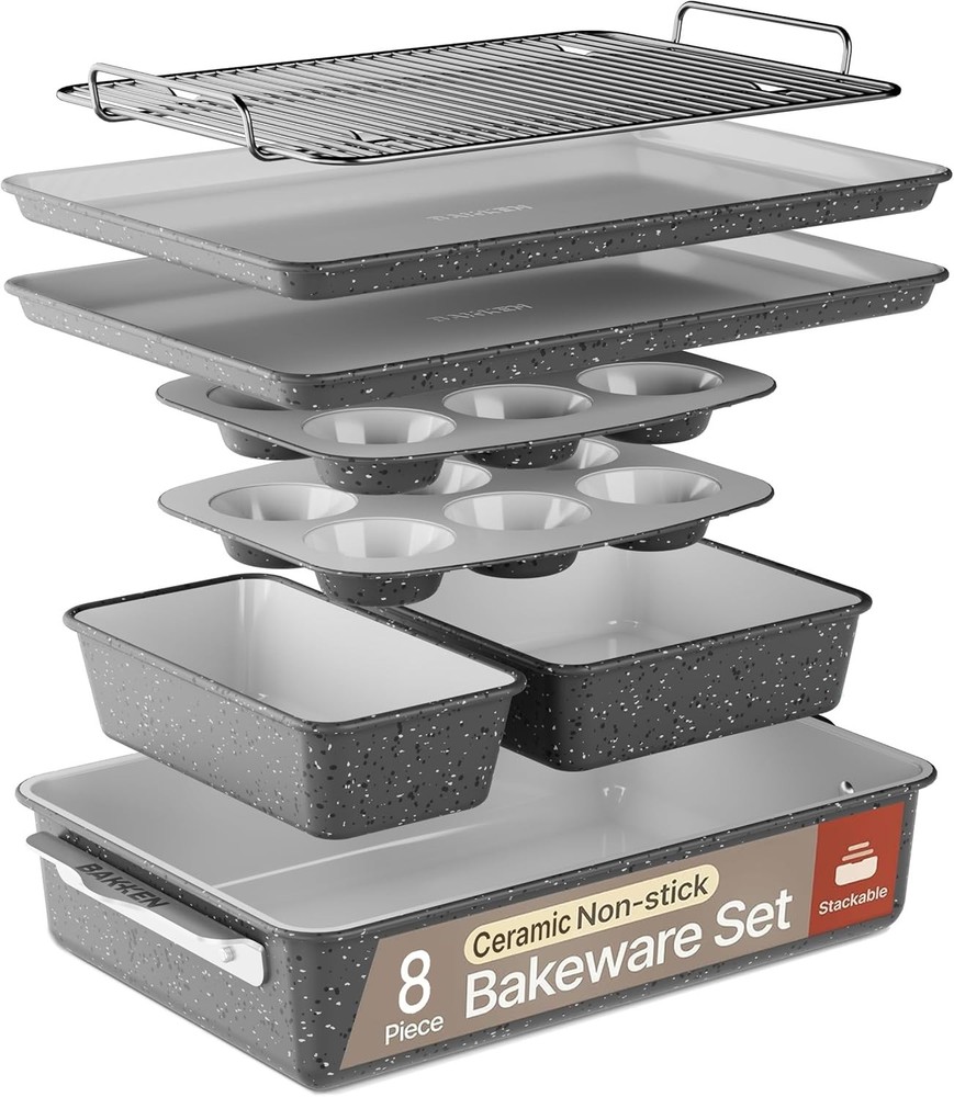 Bakken 8-Piece Stackable Bakeware Set Ceramic Non-Stick Coating Baking Sheets