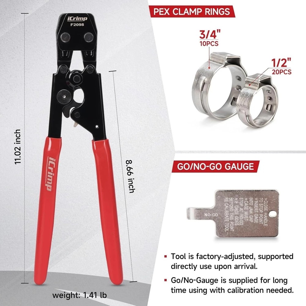 Universal PEX Crimping Tool Kit - Ergonomic Cinch Tool with Clamps Included