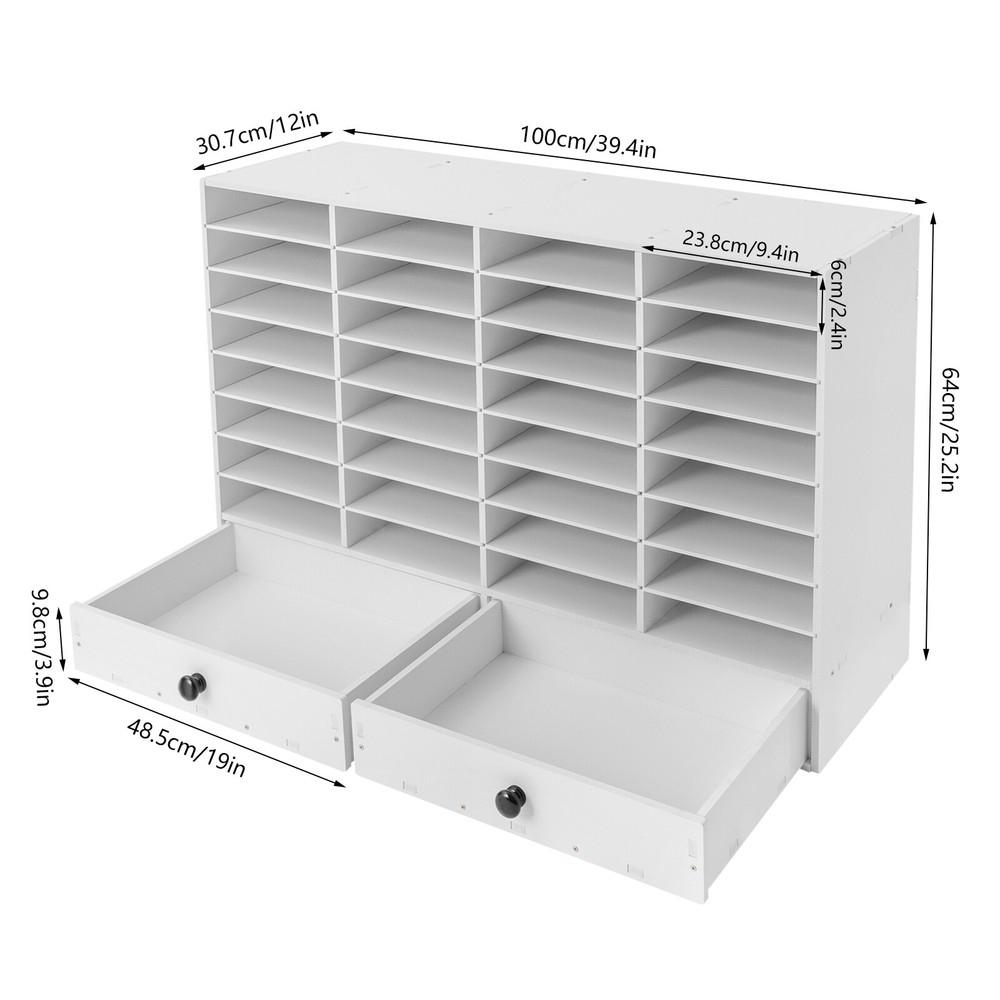 Adjustable Literature Organizer, 32 Compartment with 2 Drawers White NEW