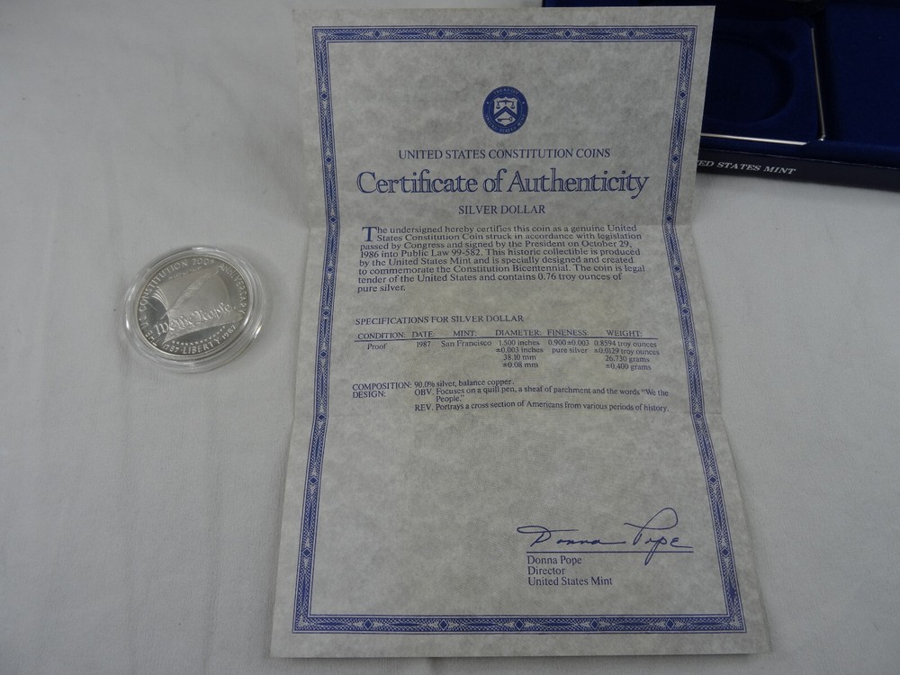 1987 Proof Constitution Commemorative Silver Dollar $1 w/ Box & COA OGP