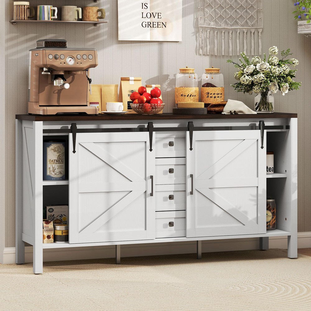 Farmhouse Sideboard Buffet Cabinet with Sliding Barn Doors White
