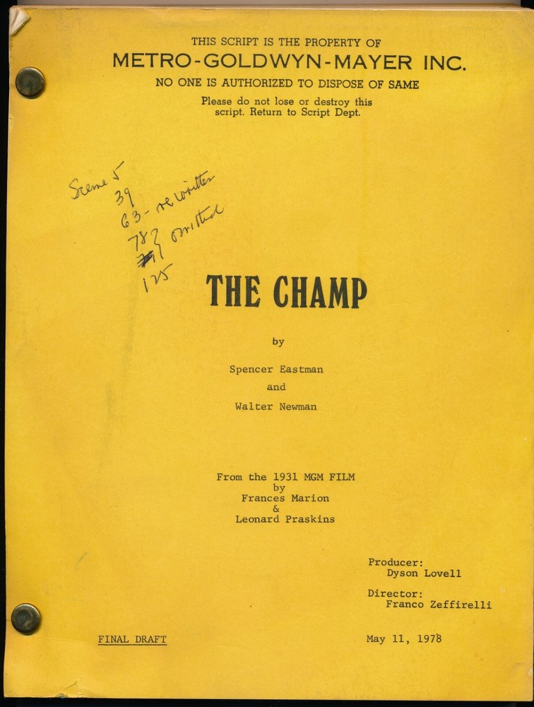 SAM LEVENE Original MGM Script THE CHAMP 1979 Screenplay by Walter Newman