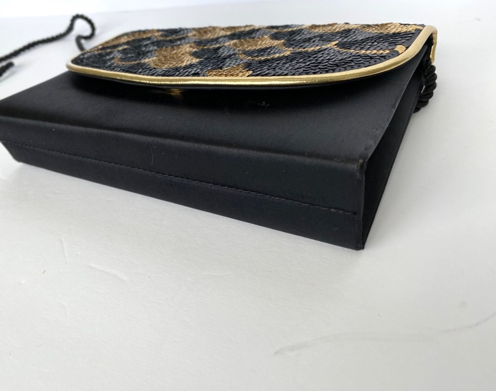 Evening Bag Satin Sequins Black Gold Tone Caparros