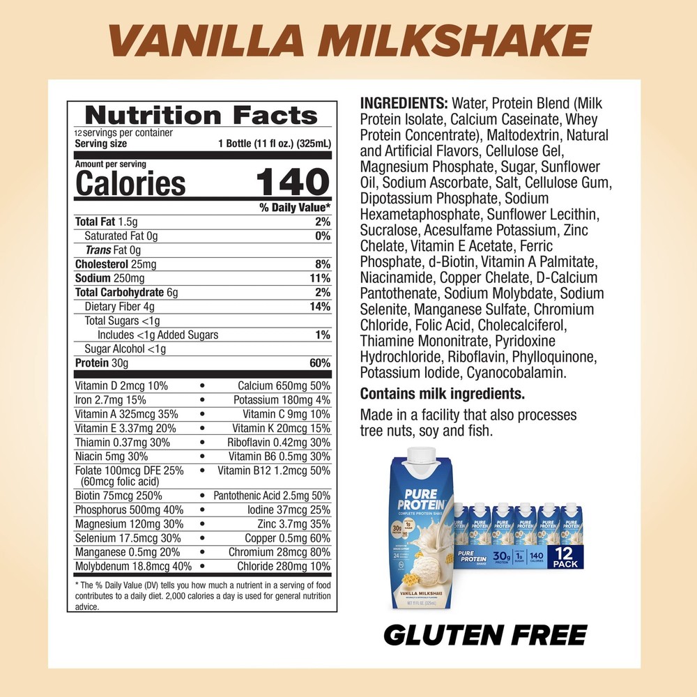 Pure Protein Vanilla Protein Shake 30g Complete Protein Vitamins A, C, D 12 Pack
