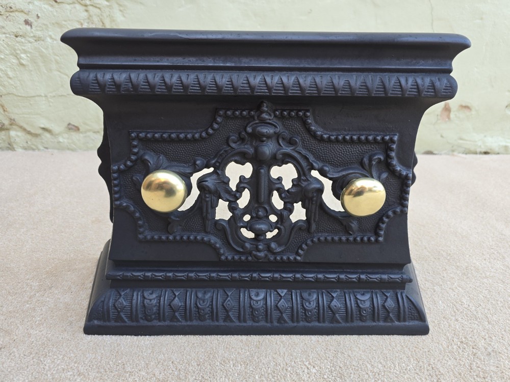 Black Cast Decorative Fire Front With Brass Handles Original Condition