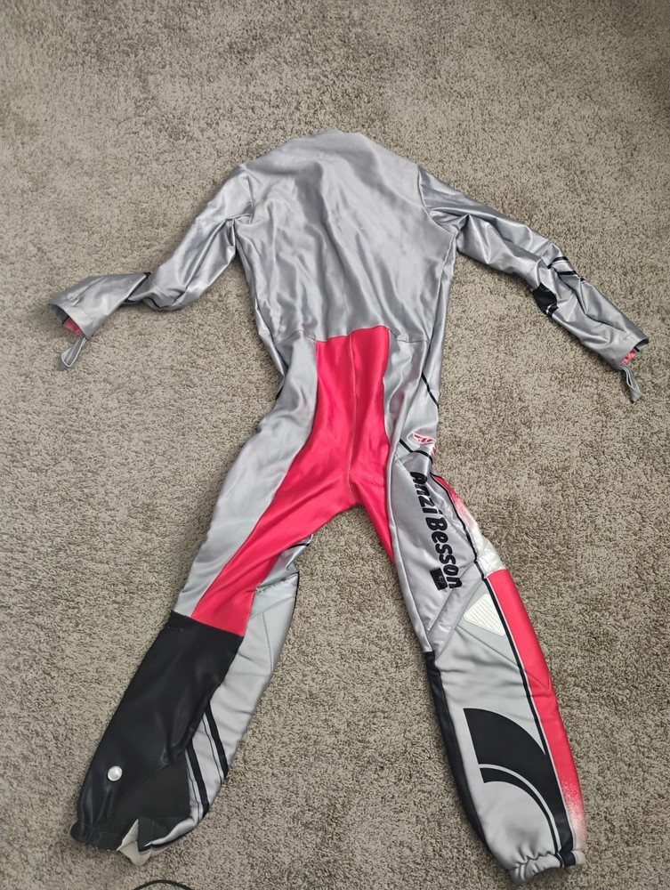 Schneider Anzi Besson Downhill Skiing Race Suit Silver Red Black Size 40 MPN 059