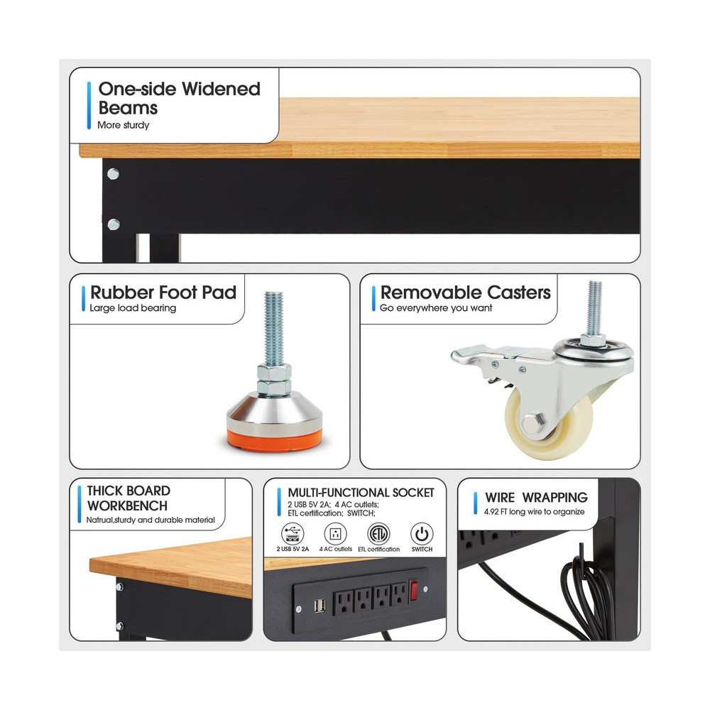 60'' Adjustable Workbench, 2000 LBS Load Capacity Heavy Duty Workstation with...