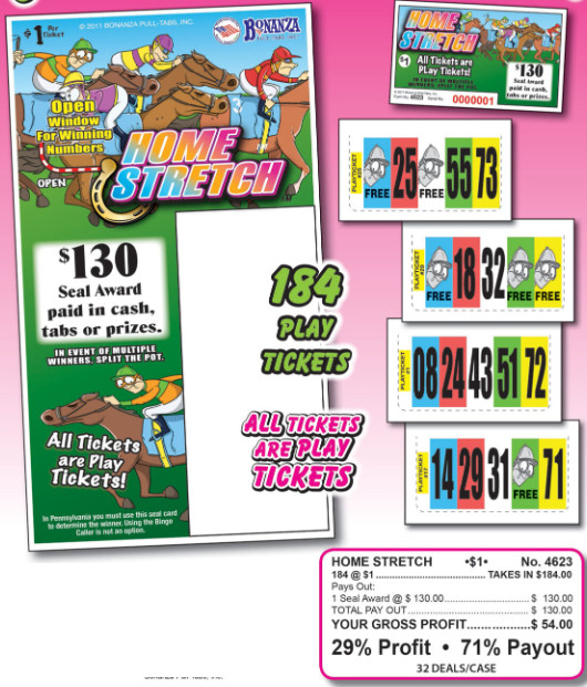 Pull Tab Ticket- Hard Card Tickets - Game - 6 Home Stretch - 184 ct ea