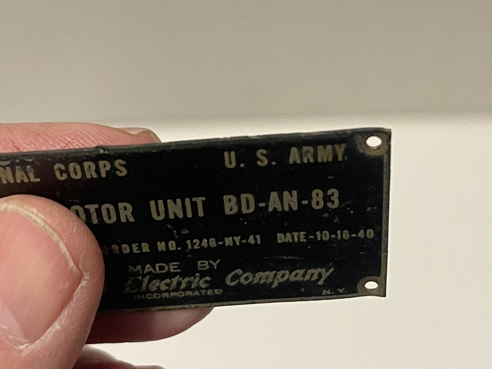 Signal Corps US Army Dynamotor ID Plate Western Electric
