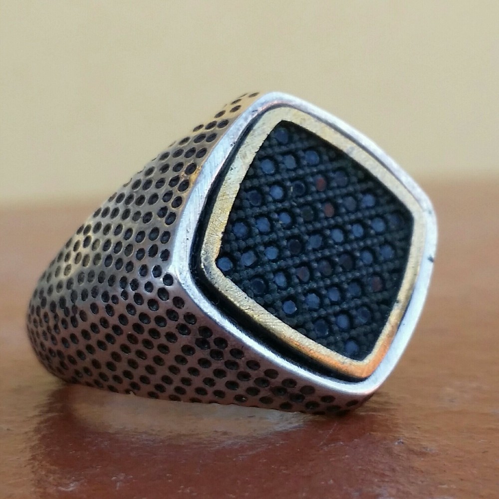 MENS RING 925 SILVER ONYX UNIQUE engraved solitaire seal