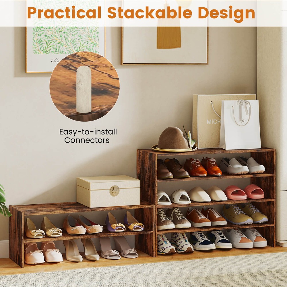 3 PCS Stackable Shoe Rack 31-Inch Horizontal Organizer 2-tier StorageShelf Brown