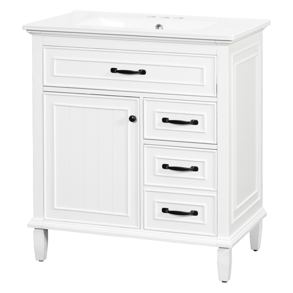 30" White Bathroom Vanity with Ceramic Sink and Solid Wood Cabinet