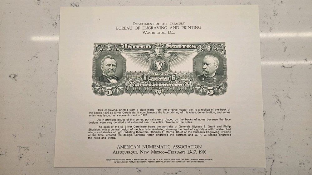 Series 1896 $5 Silver Certificate Engraving 1980