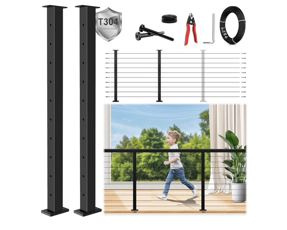 Expandable 2ft-8ft Black Set 36" Cable Railing Post Kit T304 with 2 Level Posts