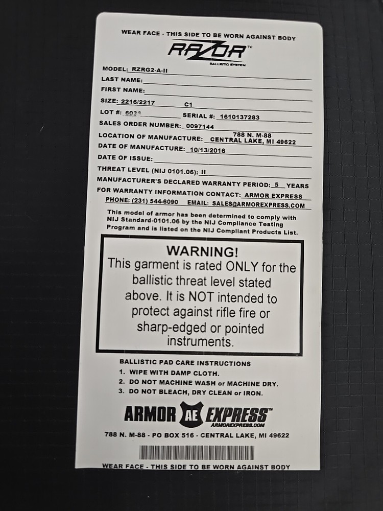 Armor Express Razor RZRG2-A-11 Tactical Insert Level II 1 Panel Only