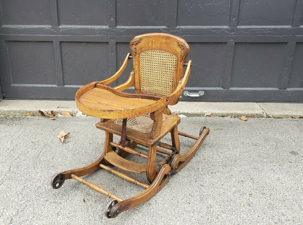 Antique Oak Folding High Chair Rocker Stroller Combination c1900