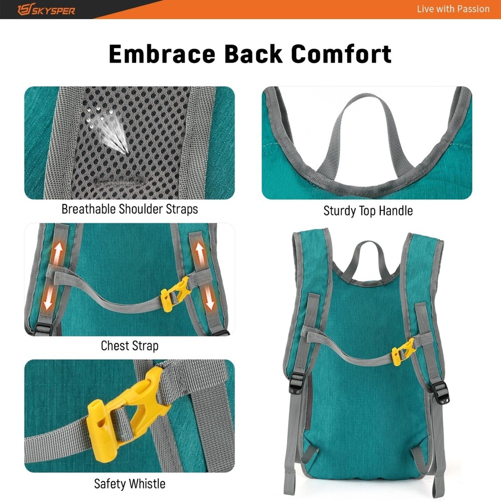 SKYSPER 15L Foldable Hiking Backpack Lightweight Packable Daypack w/ Strap, Cyan