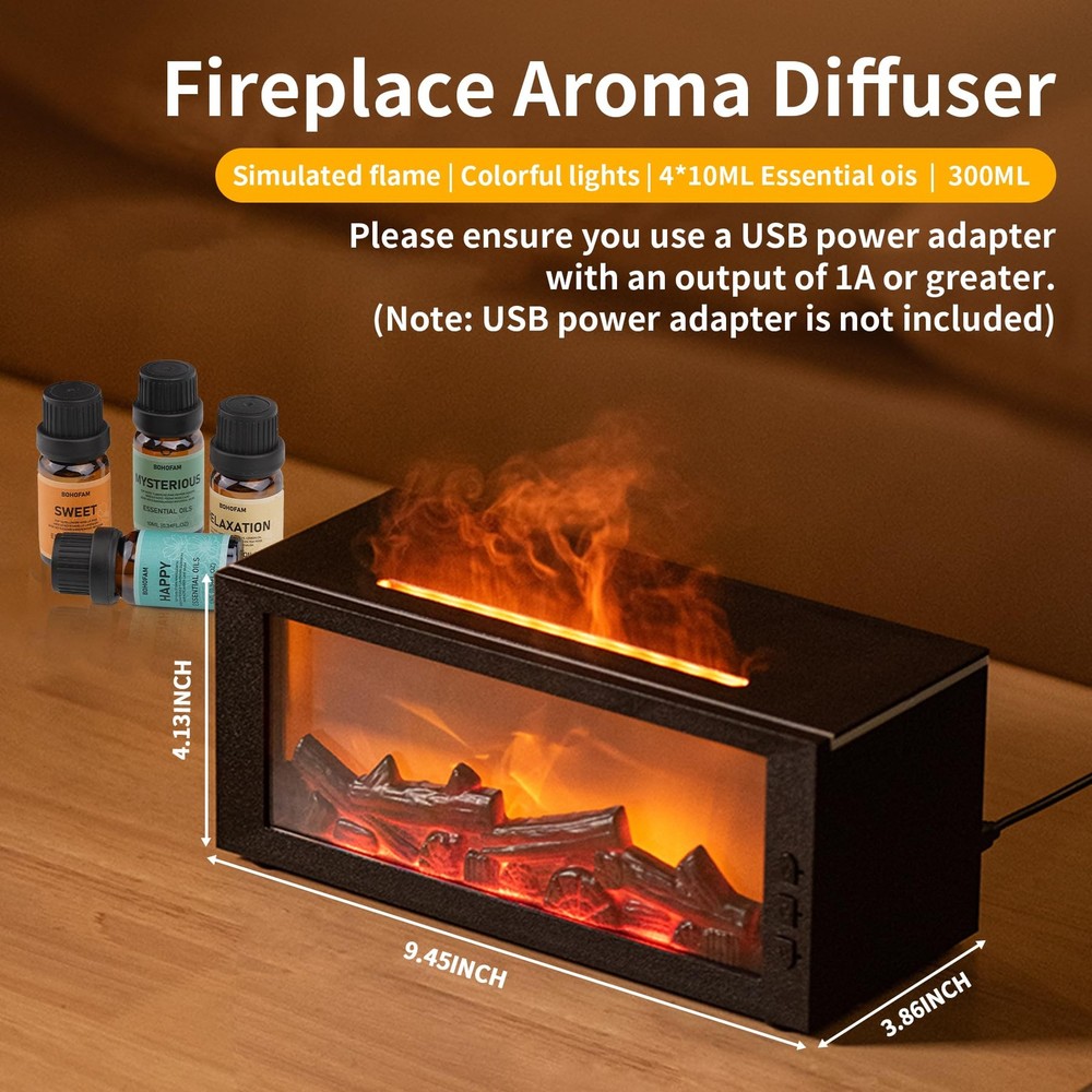 BOHOFAM Fireplace Essential Oil Aroma Diffuser,Flame Air 300, Black