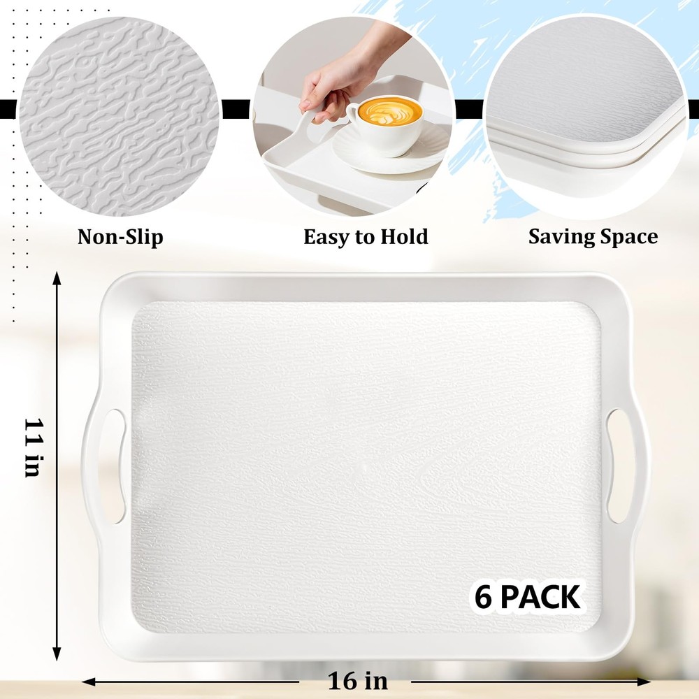 6-Pack 16x11" Plastic Rectangular Serving Trays with Handles Food Tableware