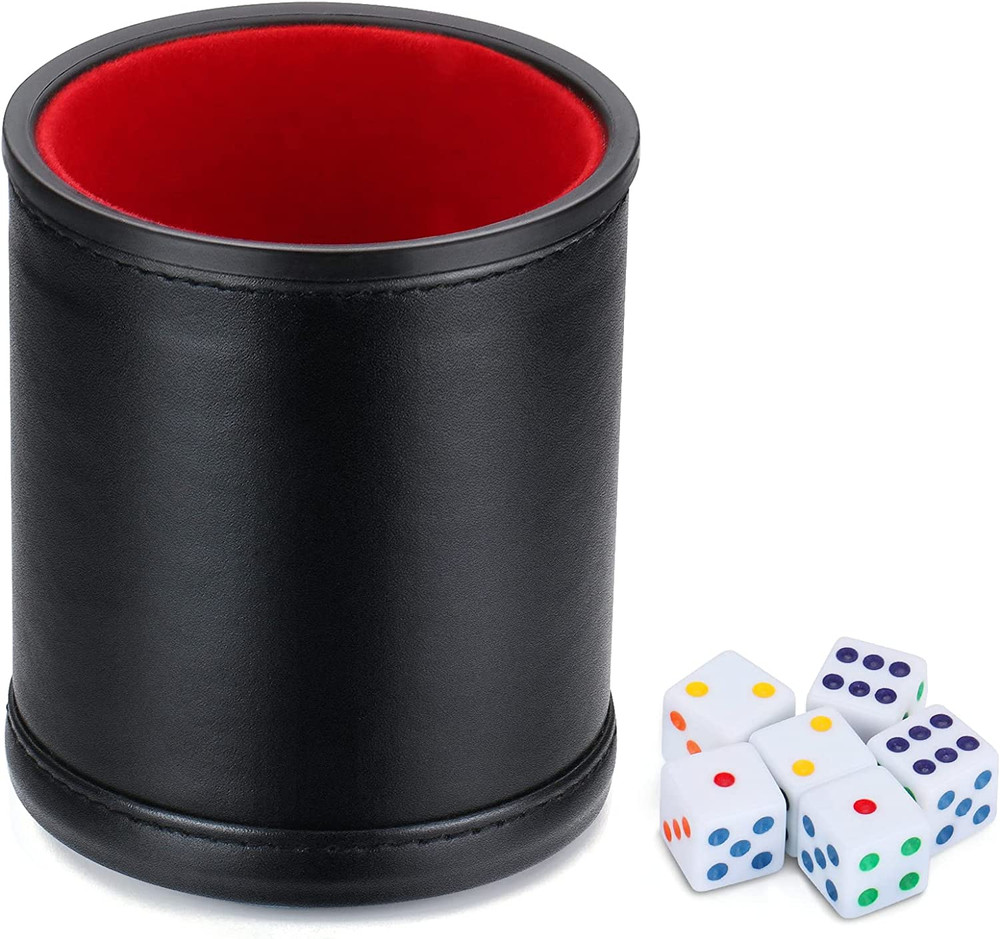 Felt Lined Dice Cup with 6 Dice for Yahtzee Craps Other Dice Games