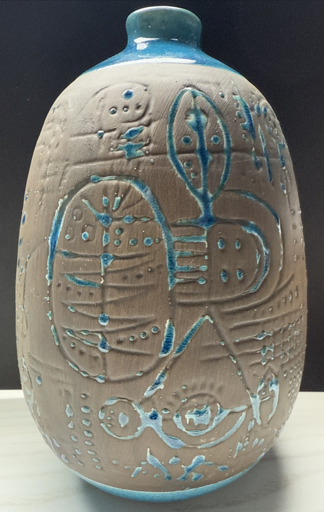 Contemporary Ashluxe Handmade Ceramic Table Vase Script Blue Brown Crackle As Is