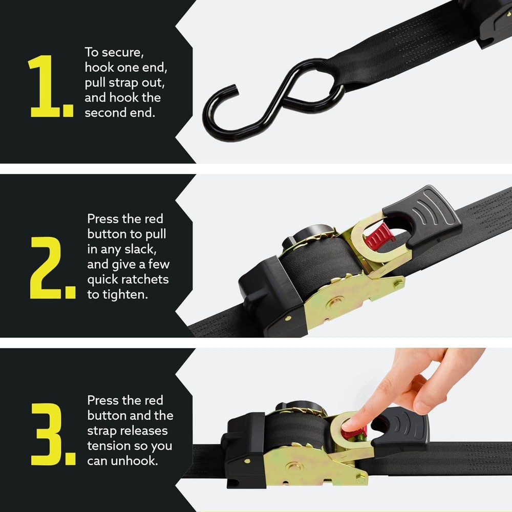 Automatic Retractable Ratchet Strap (2-Pack) 1" x 10', Heavy-Duty Design