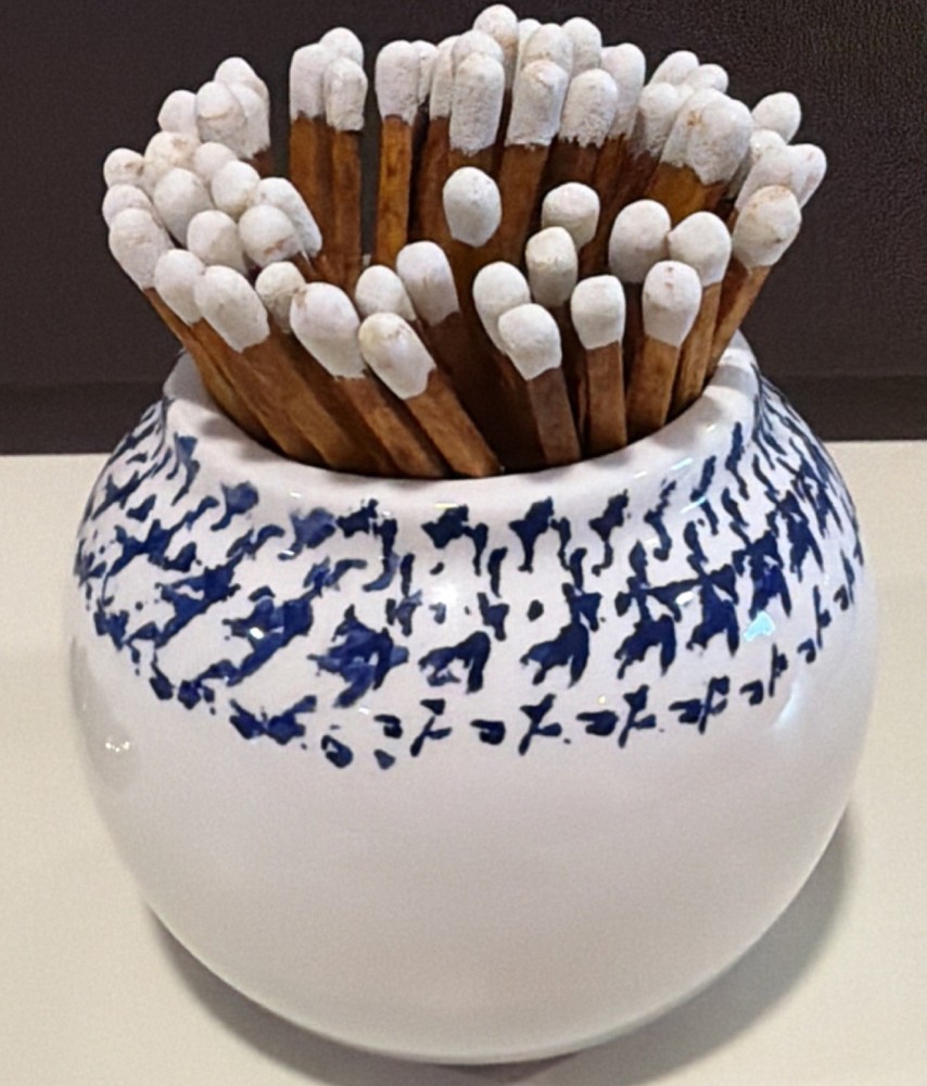 Ceramic Match Holder Blue Sailboat Decorative Design Striker on Base
