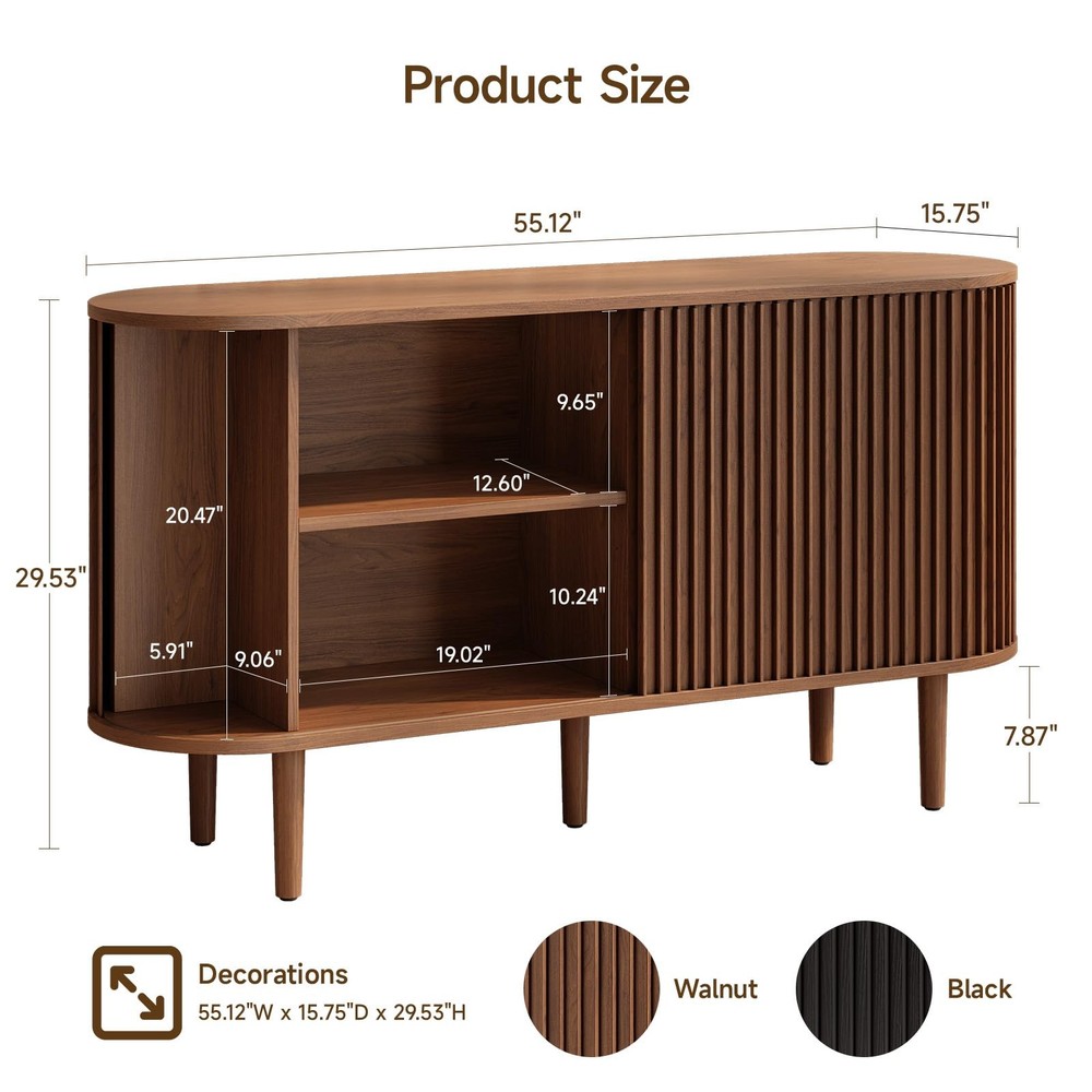 55" MCM Buffet Sideboard Sliding Doors Storage Adjustable Shelves Walnut